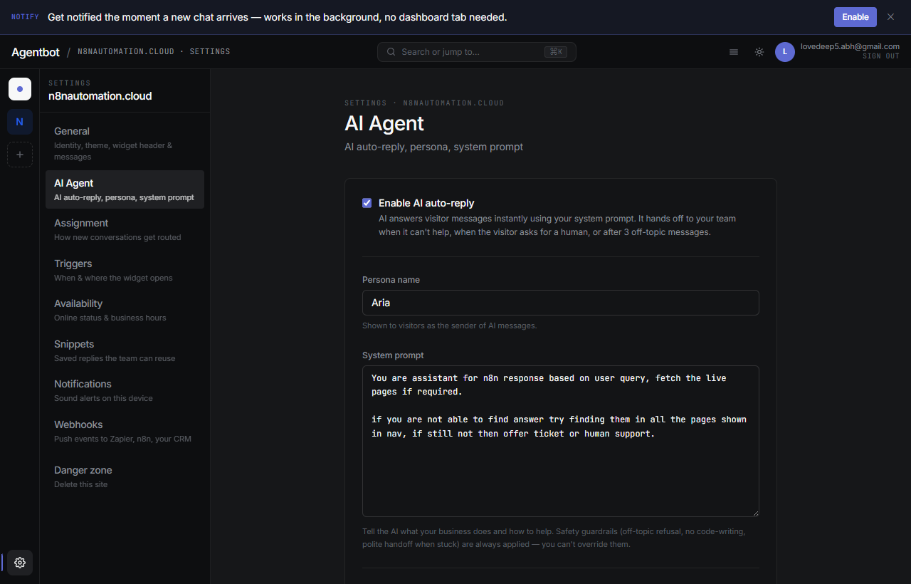 AI settings panel with toggle, persona name, system prompt, and web search