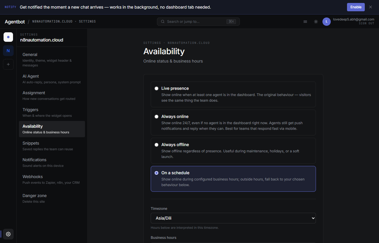 Availability settings panel with the four mode options
