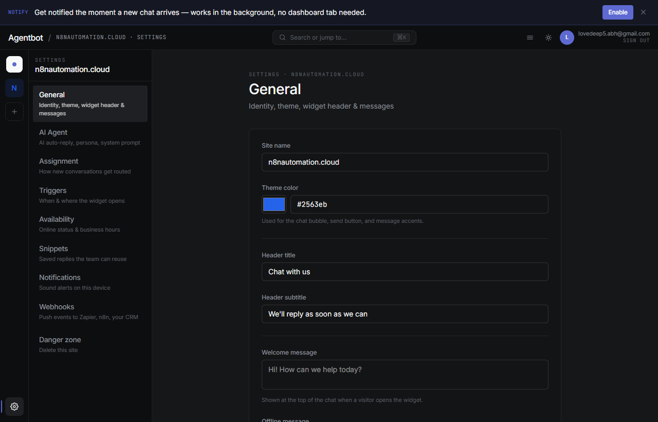 General settings showing branding controls