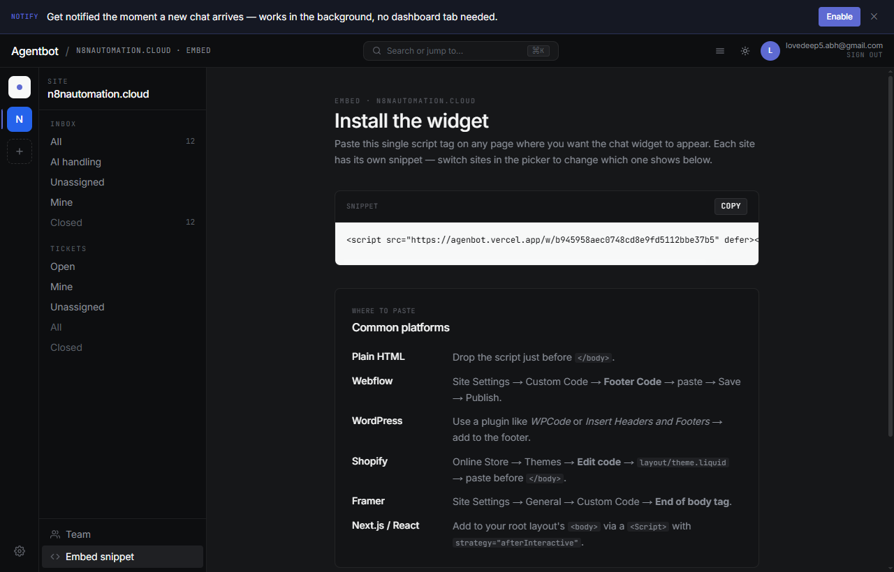 The Snippet panel in the dashboard showing the script tag and Copy button