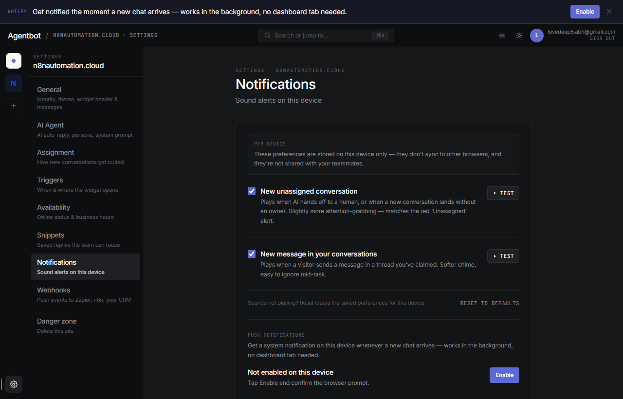 Dashboard banner prompting the user to enable notifications