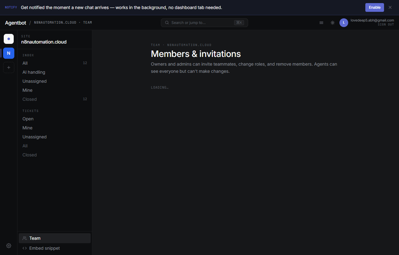 Team management showing the list of invited members and their roles