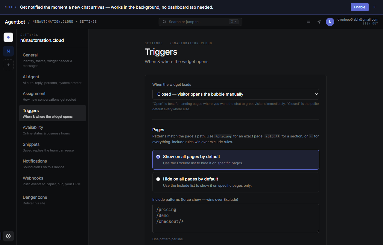 Widget triggers settings with default state, page targeting, and auto-open