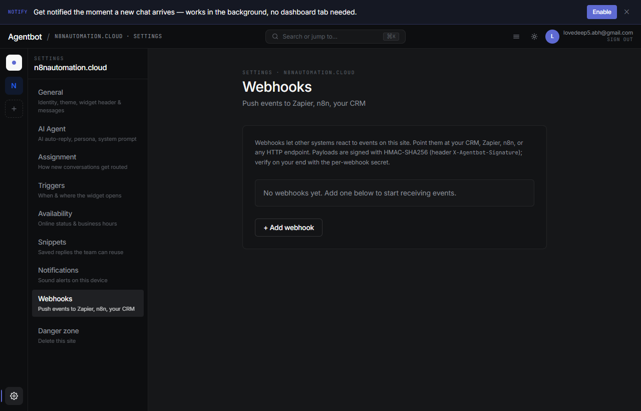 Webhooks settings panel showing webhook URL, secret, events, and recent deliveries
